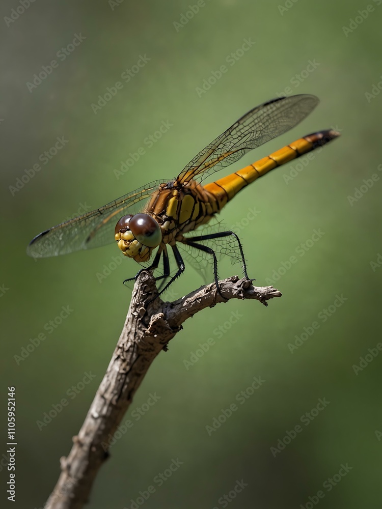 Dragonfly perched on a branch, macro shot. Dragonfly perched on a branch, macro shot.