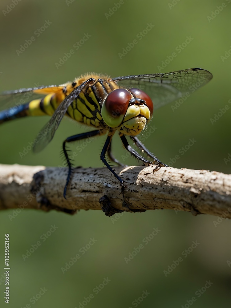 Dragonfly perched on a branch, macro shot. Dragonfly perched on a branch, macro shot.