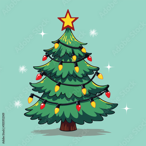 Christmas Tree Adorned: An inviting illustration showcases a decorated evergreen, radiating holiday cheer and the spirit of Christmas with its twinkling lights and a radiant star atop.