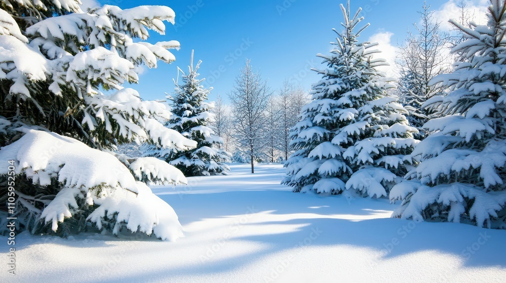 Winter Wonderland with Snow-Covered Trees in Bright Blue Sky Winter Wonderland with Snow-Covered Trees in Bright Blue Sky
