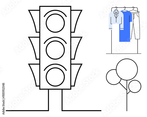 Traffic light with signal lights, clothes on a wardrobe rack, and simple line-drawn tree. Ideal for city planning, organization, fashion, minimalism, environmental themes, urbanization