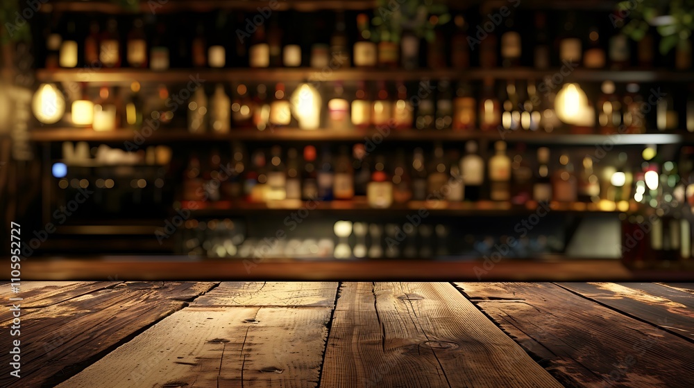 Empty wooden table with christmas theme in background, Warm Glow: A Cozy Evening at a Wooden Table