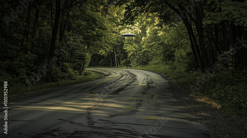 An abandoned road with a UFO hovering silently above, its lights casting long shadows of nearby trees photo