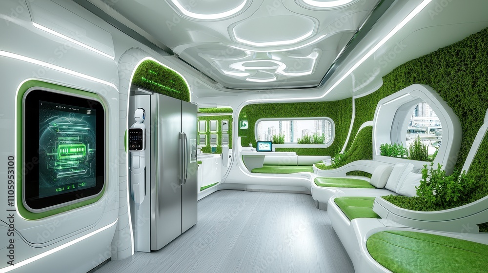 Fototapeta premium Futuristic Living Space with Green Accents and Modern Appliances