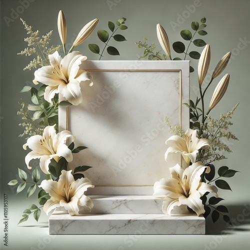 Marble Pedestal Framed with Lilies and Greenery