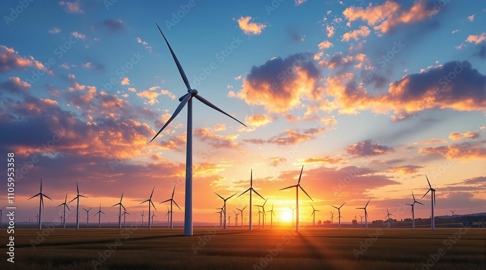 Obraz premium Wind turbines on a colorful sunset landscape