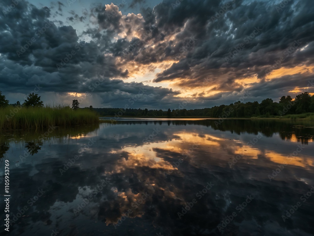 Fototapeta premium Dramatic sky reflected across a lake.