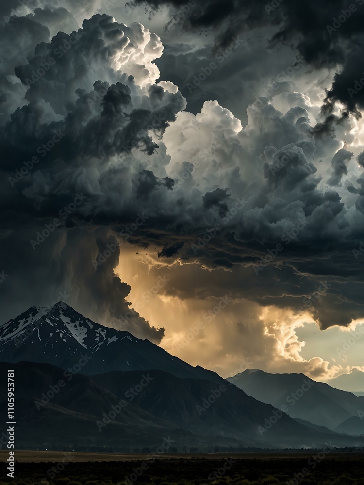 Naklejka premium Dramatic storm clouds over a mountain range.