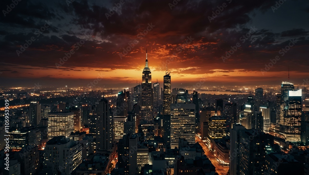 Fototapeta premium Dramatic sunset cityscape with city lights.