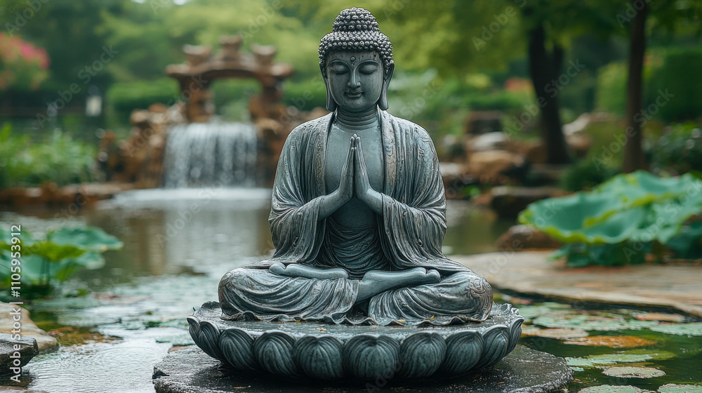 Meditating buddha statue in a tranquil garden with a waterfall in the background, creating a peaceful and spiritual atmosphere Meditating buddha statue in a tranquil garden with a waterfall in the background, creating a peaceful and spiritual atmosphere