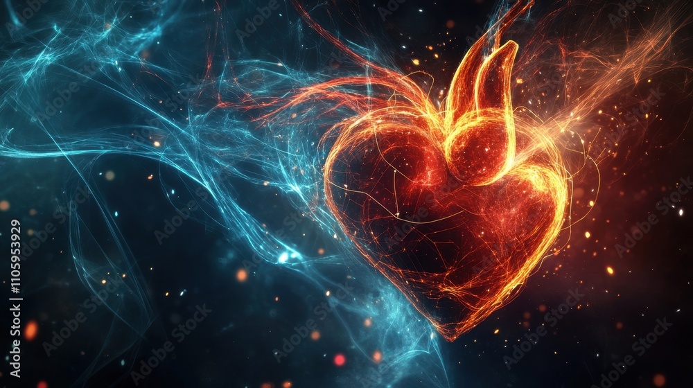 Glowing Heart with Flames and Colorful Lights Glowing Heart with Flames and Colorful Lights
