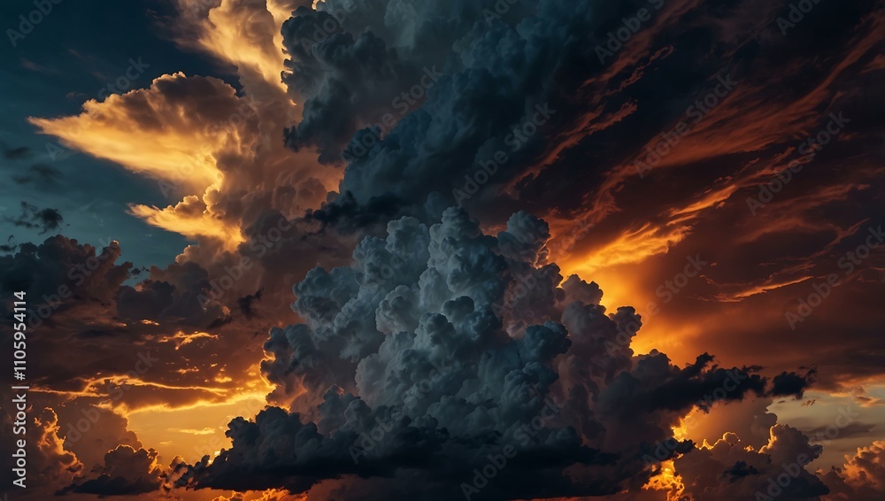 Fototapeta premium Dramatic sunset sky with dense clouds at dusk.