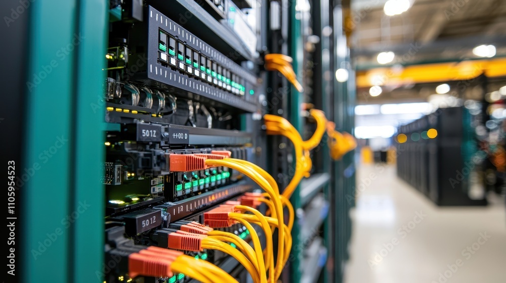 Detailed View of Server Room with Data Cables and Network Equipment Detailed View of Server Room with Data Cables and Network Equipment