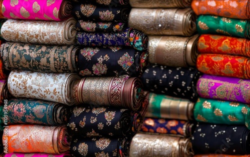 seamless of  Closeup view of stacked saris or sarees in display of retail shop                                , isolated on white background,  , copy space, copy space for text,