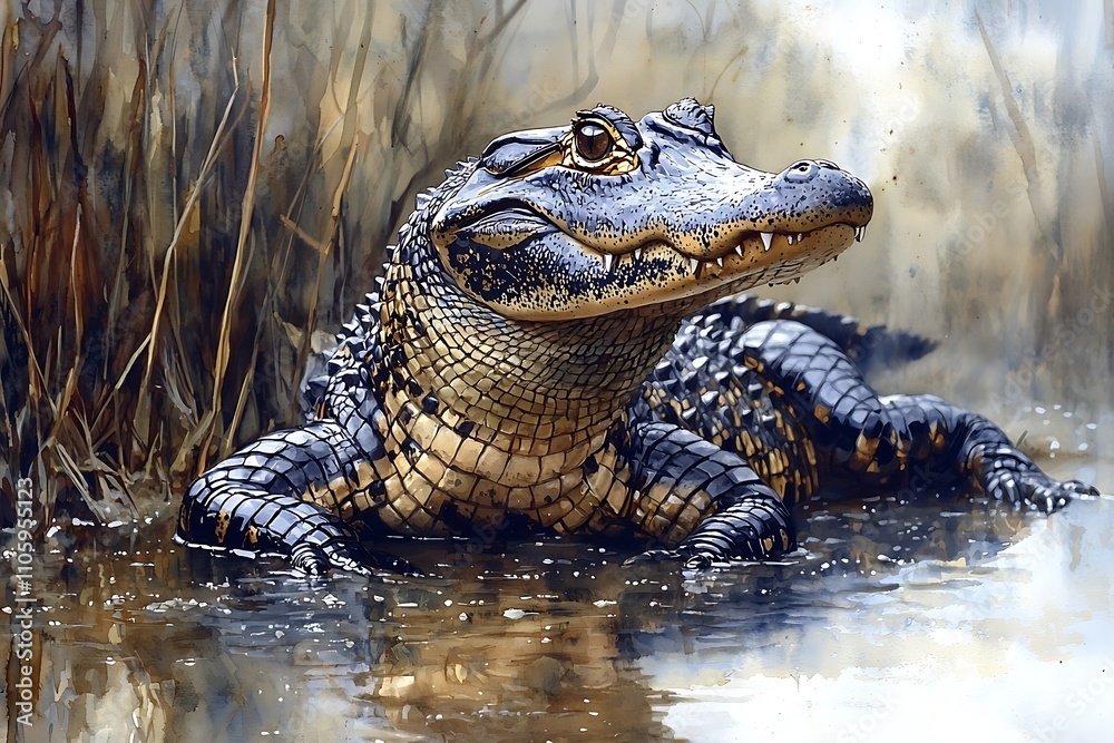 A Majestic American Alligator in its Natural Habitat, Watercolour Style. A Majestic American Alligator in its Natural Habitat, Watercolour Style.