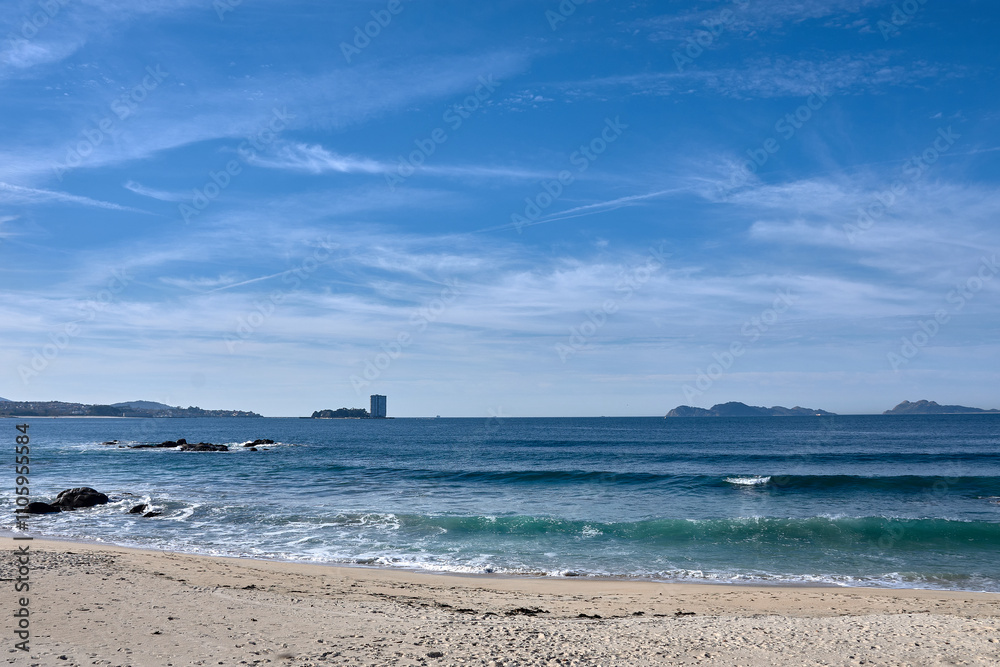Scenic coastal landscape with Cíes Islands and Toralla seen from Samil beach. Scenic coastal landscape with Cíes Islands and Toralla seen from Samil beach.