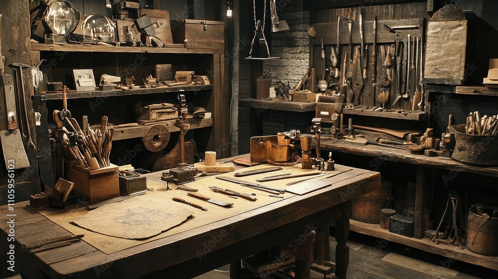 Authentic Handmade Workshop Displaying a Variety of Handcrafted Tools and Artisanal Items Authentic Handmade Workshop Displaying a Variety of Handcrafted Tools and Artisanal Items