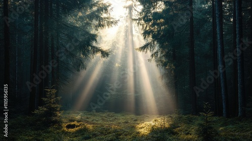 Bright rays illuminating a forest