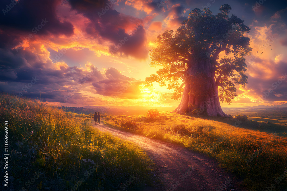 Majestic baobab tree at sunset, couple walking on a path, vibrant colors, idyllic landscape. Majestic baobab tree at sunset, couple walking on a path, vibrant colors, idyllic landscape.