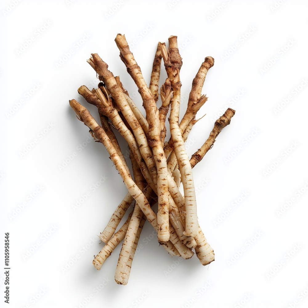 A Cluster of Slender Aromatic Fingerroot Stalks with Golden Hues on a White Background A Cluster of Slender Aromatic Fingerroot Stalks with Golden Hues on a White Background