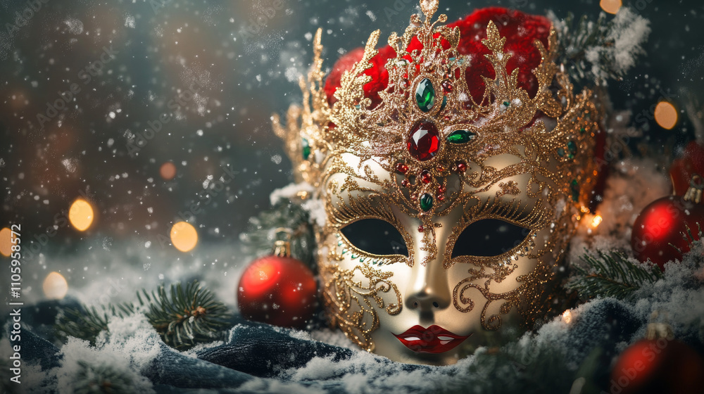 Design a mystical Christmas scene with an ornate mask on a velvet surface, decorated with gold filigree, emerald and ruby gems, silver snowflakes, soft light, mist, and twinkling lights, evoking charm