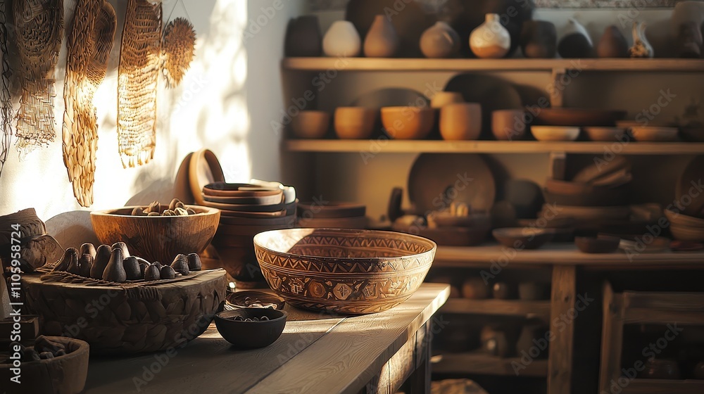 Fototapeta premium High-Quality Handcrafted Goods Displayed in a Sunlit Artisan Workshop Setting