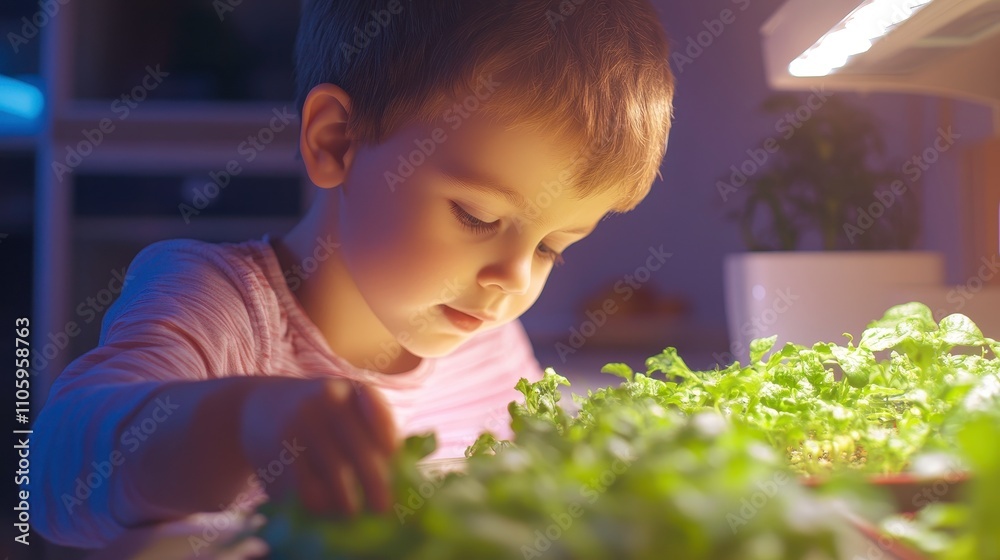 Child Gardening with Indoor Plants at Night Child Gardening with Indoor Plants at Night