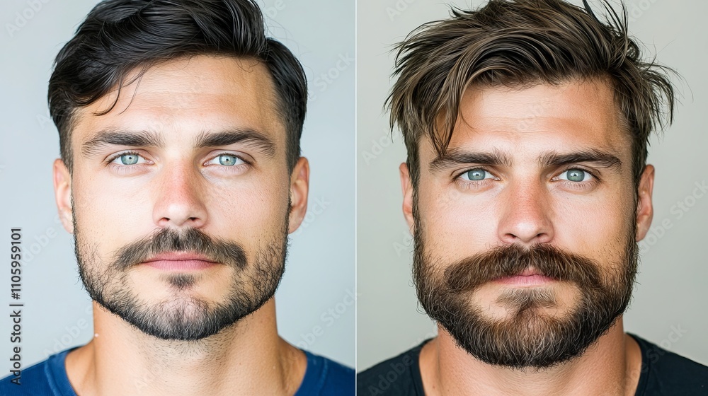 Fototapeta premium Two portraits of a Caucasian male with striking blue eyes, showcasing different facial hair styles that enhance his rugged appearance.