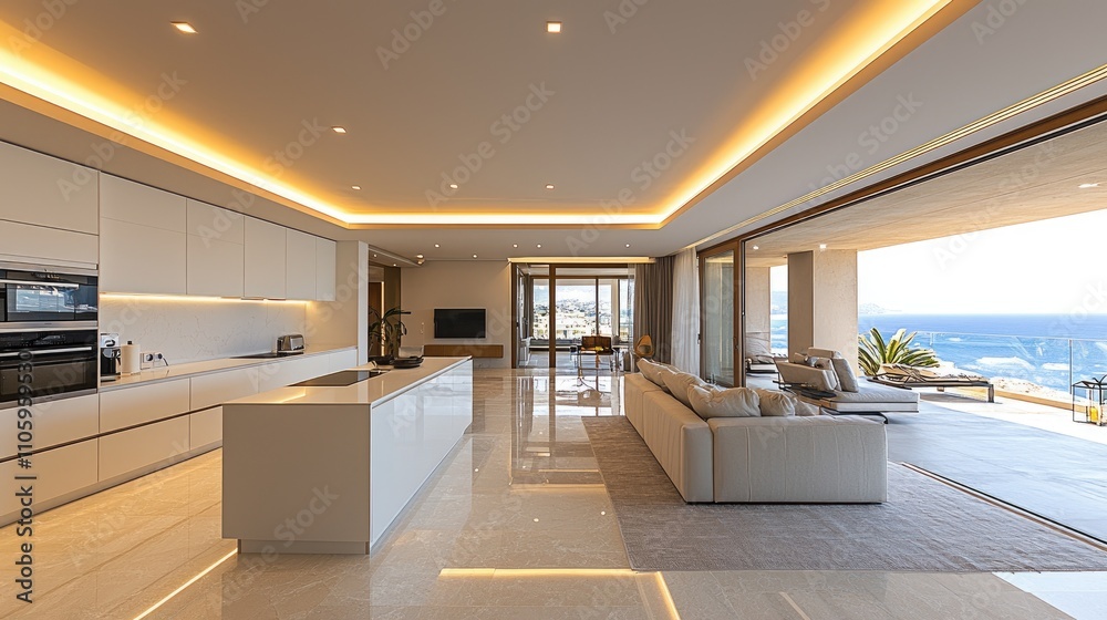 Interior of modern kitchen with modern appliances and white cabinets in contemporary light apartment Interior of modern kitchen with modern appliances and white cabinets in contemporary light apartment