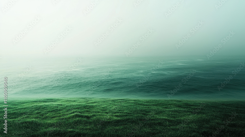 Obraz premium serene landscape featuring misty ocean view with lush green grass in foreground, creating tranquil atmosphere