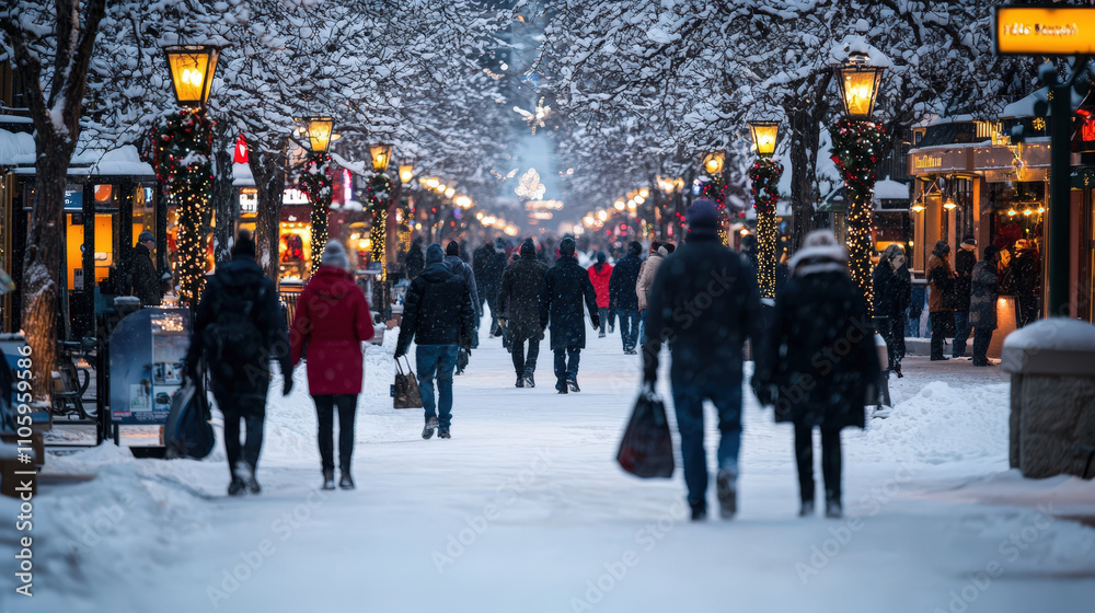 Obraz premium snow covered street bustling with holiday shoppers, adorned with festive lights and decorations, creates joyful winter atmosphere