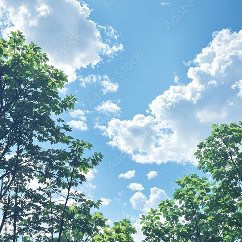 A beautiful blue sky with soft, white clouds and a gentle breeze rustling the trees, rustling leaves, trees, gentle breeze, spring