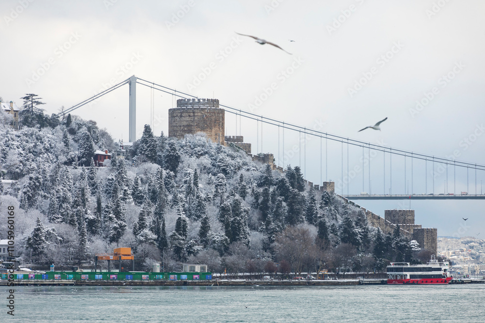 Fototapeta premium Istanbul Bosphorus (Çengelköy, Kandilli, Kucuksu, Rumelihisarı) Coast in the Winter Season Photo, Üsküdar Istanbul, Turkiye (Turkey)