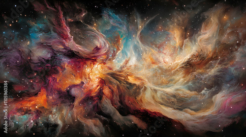 Wallpaper Mural A breathtaking, vibrant nebula image showcasing swirling cosmic clouds of fiery orange, deep purple, and teal hues, interspersed with glittering stars.  Perfect for science, space, and fantasy themes. Torontodigital.ca