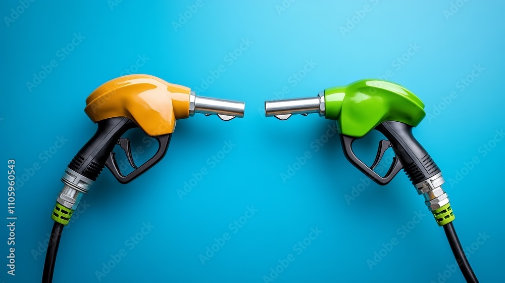 Two fuel nozzles, one green and one orange, positioned against a bright blue background, symbolizing choice in fuel types. Two fuel nozzles, one green and one orange, positioned against a bright blue background, symbolizing choice in fuel types.