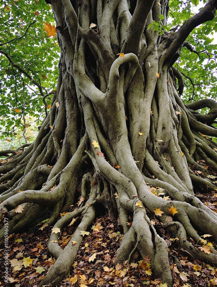 A close-up of intricate tree roots surrounded by softly falling leaves, creating a sense of magic and mystery, nature, mystery, leaves