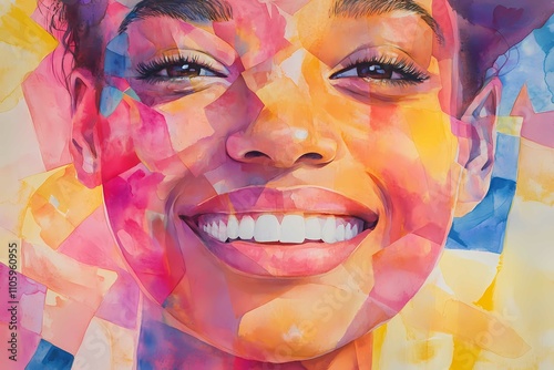 modern watercolor collage style close up portrait of a black skin smiling beautiful woman. Joy and happiness, young beauty. Diverse people. African beauty. 