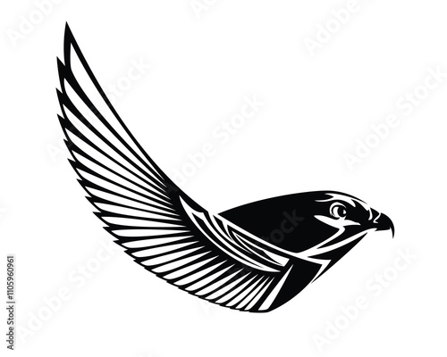 ancient egyptian Horus god animal symbol - falcon bird profile head with raised stylized wing black and white side view vector outline design