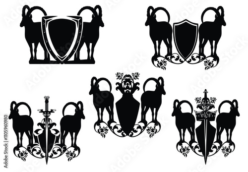 pair of ibex mountain goats standing by heraldic shield, royal crown and knight sword - medieval style mountaineer coat of arms black and white vector design set