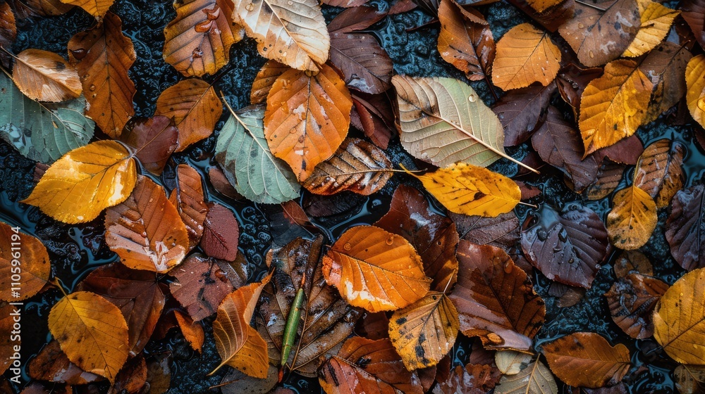 Fototapeta premium Autumn leaves moistened with rain fallen down