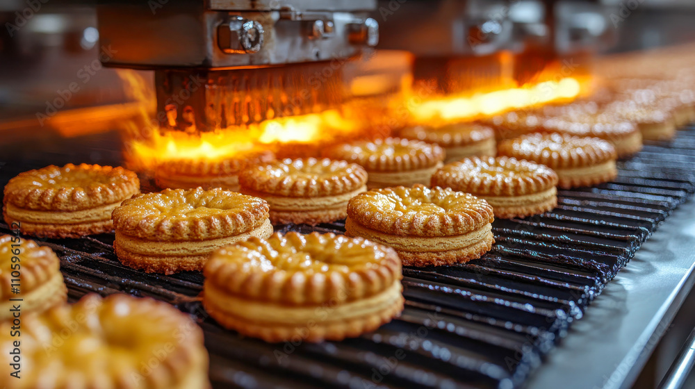 Freshly baked cookies on a conveyor belt in a confectionery factory, highlighting texture and uniformity Freshly baked cookies on a conveyor belt in a confectionery factory, highlighting texture and uniformity