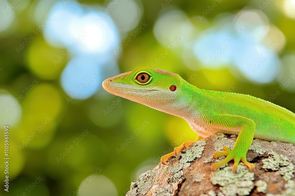 Fototapeta premium Green Anole relaxing on a branch - Shadow Creek Ranch Nature Trail. Beautiful simple AI generated image