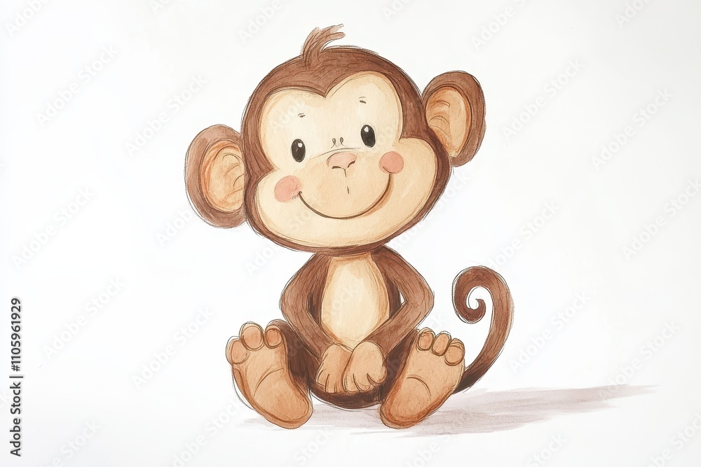 Obraz premium Adorable cartoon monkey illustration in a playful and cheerful children's style, featuring a smiling monkey with big ears and a curly tail.