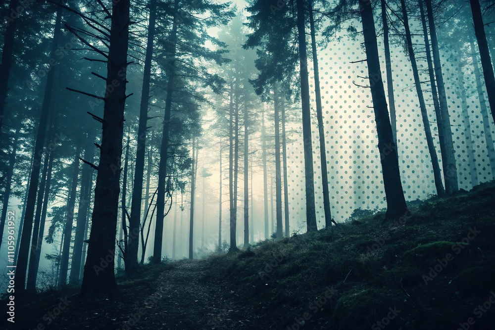 Naklejka premium Dark forest with light gradient halftone dots grunge wide background, abstract, trees, mysterious, landscape