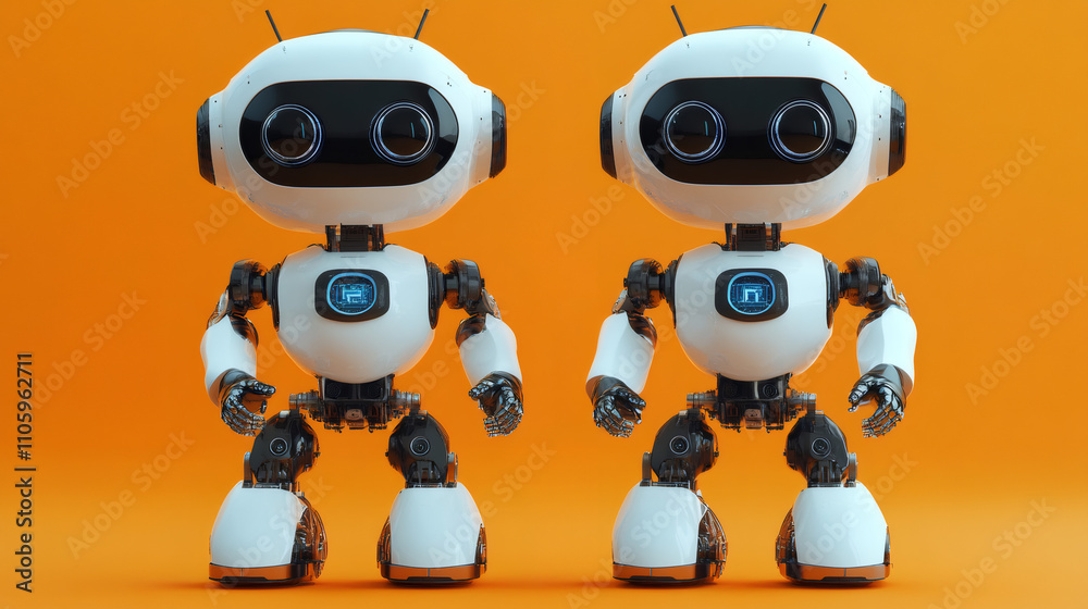 Two white robots standing on an orange background, showcasing artificial intelligence and futuristic technology Two white robots standing on an orange background, showcasing artificial intelligence and futuristic technology