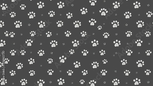 Dark grey doodle paw prints seamless pattern for a cozy and calming atmosphere in a nursery or bedroom, pet patterns, baby room, kids room