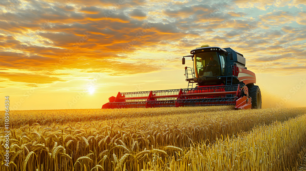 Obraz premium A Red Combine Harvester Working in a Field of Wheat at Sunset