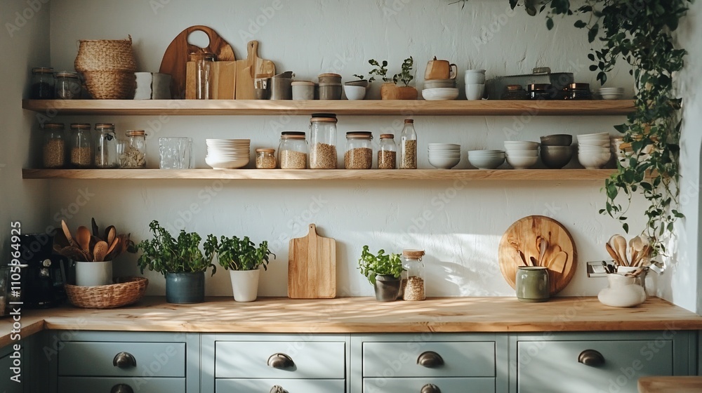 Sunlit kitchen with wooden shelves, utensils, and plants. Sunlit kitchen with wooden shelves, utensils, and plants.