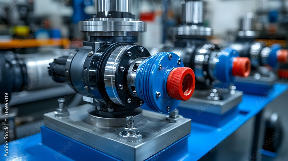 Close-up of Industrial Machinery: Precisely Engineered Components and Blue Metal Mounts in a Factory Setting. Close-up of Industrial Machinery: Precisely Engineered Components and Blue Metal Mounts in a Factory Setting.