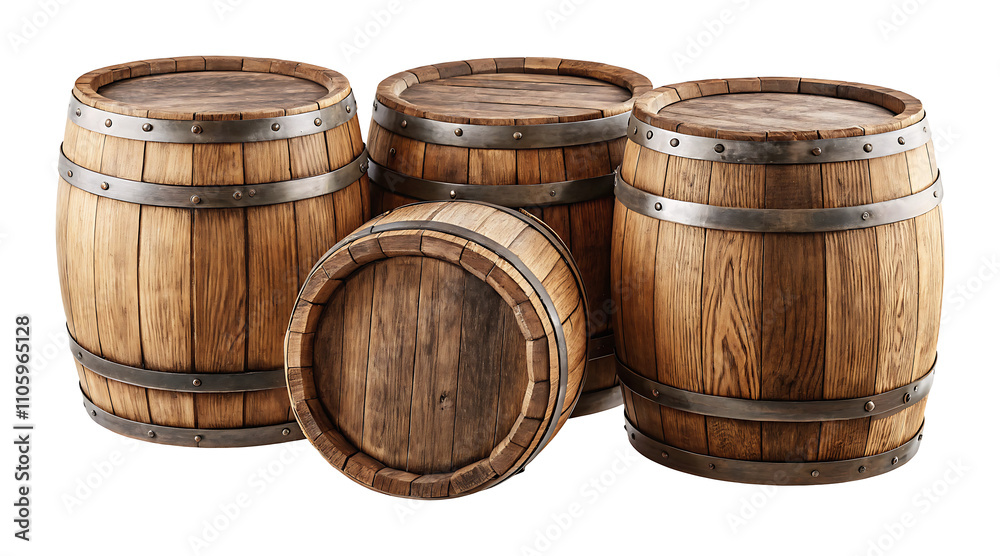 Fototapeta premium Set of wooden oak barrels isolated on white background.AI GENERATED